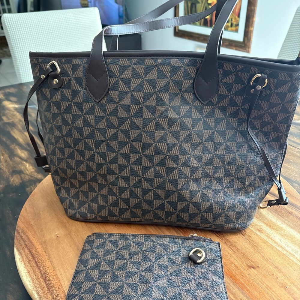 Lacel Urwebin Geometric Print Brown and Black Tote Bag with matching pouch